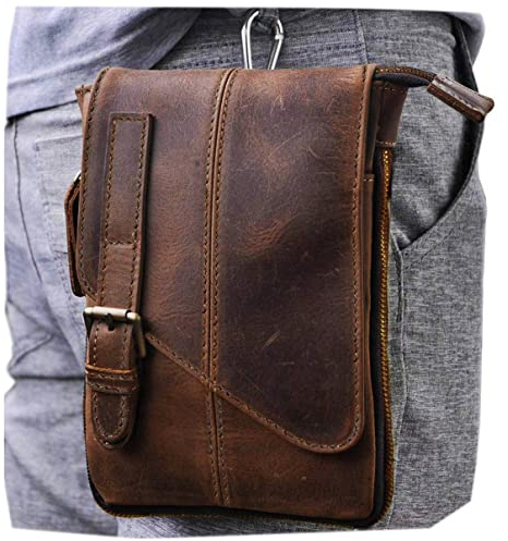 Le'aokuu hombres cuero genunio bolsa de mensajero bandolera bolsa de teléfono bolsa de viaje al aire libre bolsa de cintura con ganche (611-1 A Marrón Oscuro Tamaño-Grande)