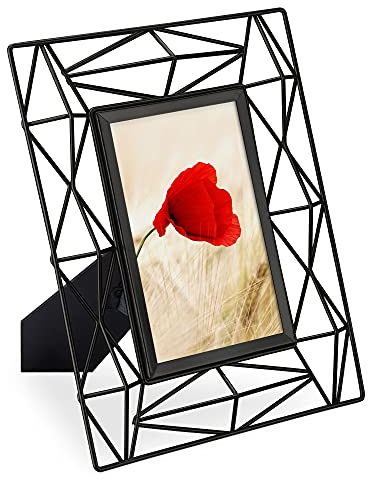 Navaris Prism Design Photo Frame - Fits 6x4 Photos - Glass and Metal Standing Rectangular Picture Frame for Desk or Table Top - Black