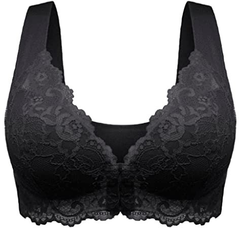 Damen Blossom Spitze Vorderverschluss Ringerrücken Ohne Bügel Sport BH Rücken-Design Baumwolle Innenseite Sport BH mit Vorderverschluss Bralette Bustier Bequemer Gepolstert Ungepolstert Bra Black 90B