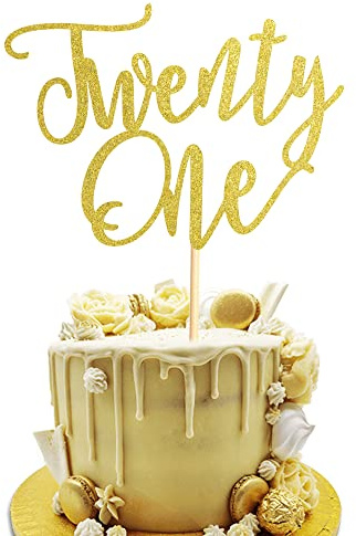 Arthsdite 1Pc Twenty One Cake Topper - 21st Happy Birthday Cake Decorations, 21 Birthday Party Decor, Wedding Anniversary Party Decorations - Gold Glitter