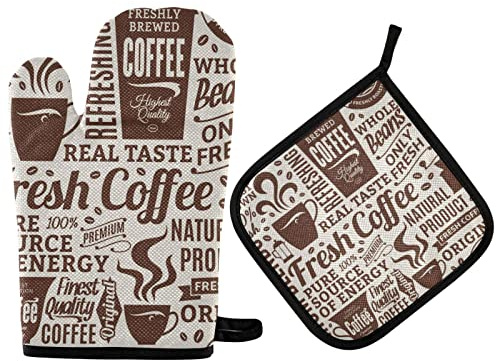 Ofenhandschuhe und Topflappen Set Vintage Stil Braun Cafee Shop Ofenhandschuhe Hitzebeständig Küche Theke Safe Matten Ofenhandschuhe Rutschfester Griff für Mikrowelle BBQ Kochen Backen Grillen