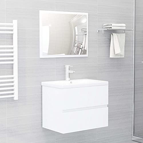 WIFESE 2-TLG. Set di mobili da bagno bianco in legno 60 x 38,5 x 45 cm, armadio sotto il lavabo, mobile da bagno con 1 cassetto, 1 specchio per bagno, linee chiare e sottili