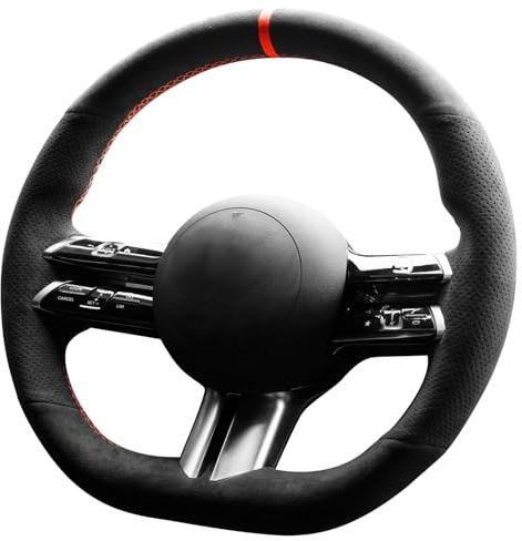 Alfanxi Handstich Alcantara Lenkradbezug Kompatibel mit Mercedes Benz C-Klasse W206 E-Klasse W213 S-Klasse W223 (Rot Stripe)