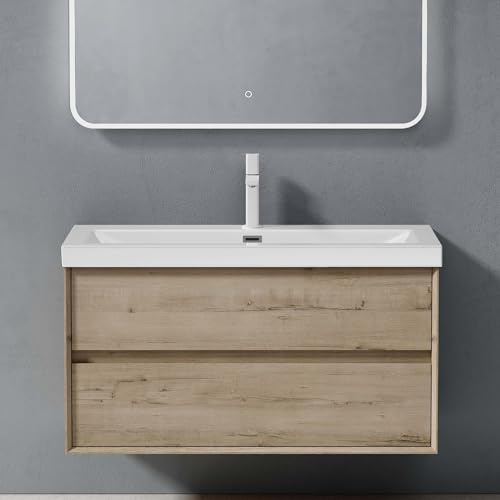 doporro Badmöbel Set Unterschrank in Eiche Greige 100cm mit Waschbecken | Wandhängendes Badmöbel-Set mit Mineralguss-Waschbecken & Soft-Close – pflegeleicht für moderne Bäder Rimo
