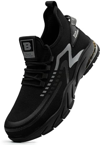 Black Hammer Säkerhetsskor med ståltåhätta för män Lättviktiga Slitstarka Arbetsskor med mellansula Skydd Gummi Yttersula för Professionell Lager- och Verktygsanvändning Hiker S1P SRC 2200 (45 EU)