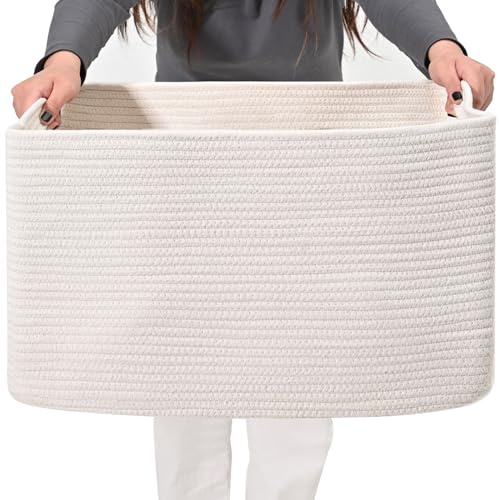 ICERZCZ Large Rectangle Blanket Basket, Large Storage Basket, Cotton Rope Woven Baskets for Storage with Handles, Toy Baskets for Baby Nursery Living Room Bedroom, 22”x17”x12”, White, 75L