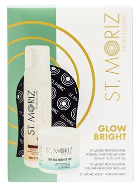 St Moriz Glow Bright Fake Tan Gift Set | Contains 1 x St Moriz Medium Tanning Mousse, 1 x Self Tan Remover Pads & 1 x Velvet Tanning Mitt | Worth £13.97