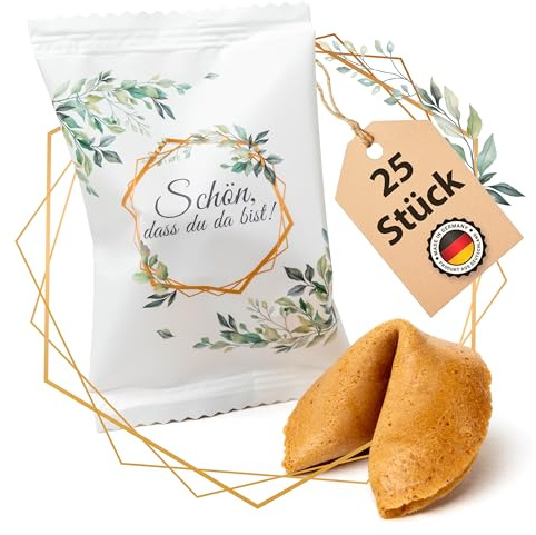 Lucky Treats Glückskekse - 25 Stück - Schön, dass du da bist - Gastgeschenke Hochzeit Deko - Sprüche auf Deutsch & Englisch - regional hergestellt
