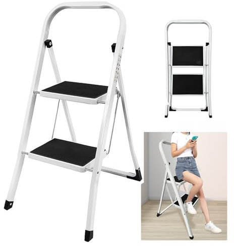 Escabeau 2 Marches Pliable avec pédale antidérapante, Robuste Marchepieds Pliant de Bricolage, Escabeau Portable pour Intérieur/Extérieur, Max capacité 150 kg