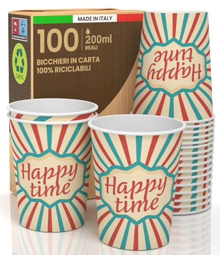 Baciato Caffè 100 Bicchieri in Carta 200ml Made in Italy Ecologici Biodegradabili Monouso da Asporto Bevande Calde Acqua Colorati Fantasia HAPPY TIME - Prodotto e Confezionato in Italia