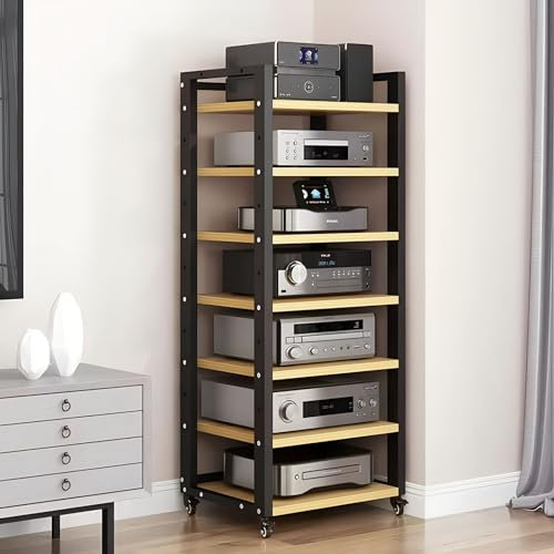 Hifi Rack Hifi Regal 55 Zoll/ 140 cm hoher Audio-Rack-Montageschrank aus Stahl und Massivholz, AV-Medienständer mit höhenverstellbaren Regalen, Audio-Rack-Tower, perfekt für/Xbox/PS5/Switch/Spielekons