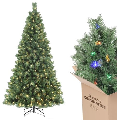 SALCAR 7ft Pre-lit Artificial Christmas Tree with Remote Control, 9 Lighting Modes, 868 PVC Tips, 210 cm Spruce Pine Xmas Tree with 380 Warm White & Multicolor LED Fairy Lights