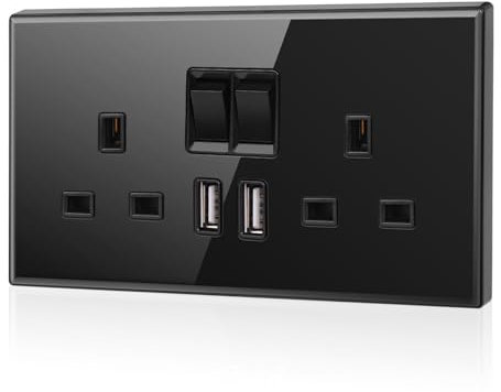 CNBINGO Glass Double Switched Power Socket with 2 USB-A Charging Ports (2.1A Output), Electric Power Sockets 2 Gang 13 Amp, Black Double Wall Outlet with Tempered Glass Panel
