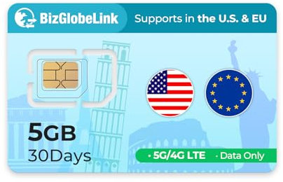 EIOTCLUB Prepaid SIM für Reisen, BizGlobeLink SIM-Karte Internationale Nutzung in USA+33 europäische Länder, nur Daten, 5G/4G LTE, ohne Vertrag, nachfüllbar, für Handys, WLAN-Router & Tablets