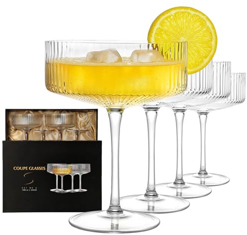 4 Pcs Coupe Glasses, Hand Blown 10 oz Cocktail Glasses, Ribbed Glasses, Gift Boxed Drinking Glass Set, Pefect Gift for Christmas, Espresso Martini, Manhattan, Wine, Champagne Martini Glasses Set of 4