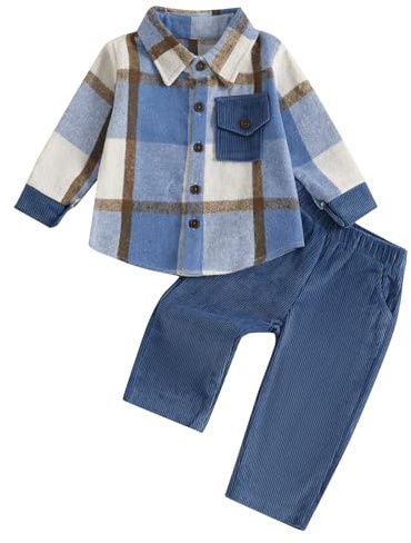 PanLidapan Kids Baby Boy Fall Outfits Tracksuit Plaid Button Down Sweatshirts Jumpers Tops Pants Trousers Jogger Toddler 2Pcs Clothes Set (Blue, 2-3 Years)