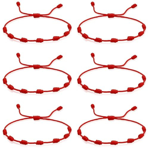 JEYORZY 6 Stück rotes Armband aus Kordel mit 7 Knoten, Unisex, verstellbar, für Schutz, Glück, Freundschaft, Liebhaber