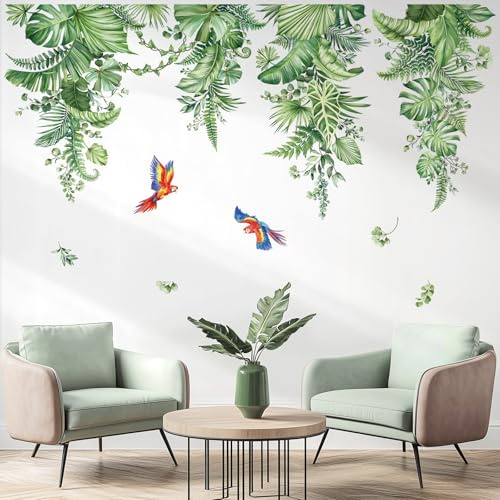 decalmile Wandsticker Tropische Blätter Grün Wandtattoo Pflanzen Rebe Vögel | Abziehbare und Aufklebbare Wandaufkleber, DIY Abnehmbare Wandkunst Abziehbilder, Wandfreundlich, Leuchtenden Farben
