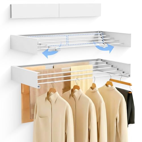 JUPPLIES Tendedero Pared Plegable Retractil 120cm - Tendederos Plegables de Pared para Interior o Exterior - Ahorra de Espacio con Diseño Compacto de 30 kg de Capacidad (Blanco, 120cm)