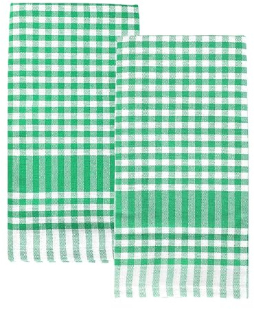 Talking Tables 2 x Green Gingham Kitchen Tea Towels Textile Fabric Dish Cloths Large Checkered Cloth Napkins Absorbent Durable Soft Cotton Quick Drying, ECO Packaging 45cm x 70cm