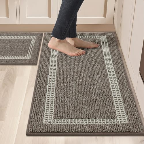 COSY HOMEER Küchenläufer 2 Stück, Küchenteppich Waschbar rutschfest, Küchenmatten, Teppich Läufer Maschinenwaschbar für Küche (50 x 75 cm + 50 x 120 cm, Braun Quadrat)