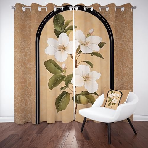 Meugesoi Fleurs Blanches Rideau Occultant L140 x H245 CM Lot de 2, Feuille Rideaux Thermique Isolant Anti Froid Chambre Art Classique Rideau Isolation Phonique Opaque Anti UV à Oeillets