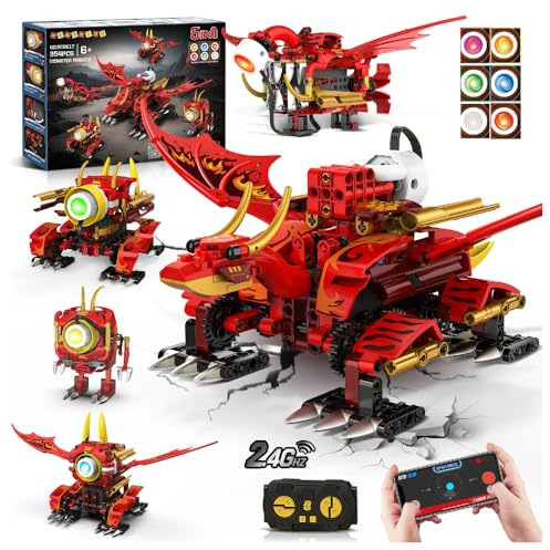 HOGOKIDS 5-in-1-Drachenroboter-Bauspielzeug mit 6 Lichtfarben und 5 Lichteffekten – 354PCS Roboter-Spielzeugset mit Fernbedienung und App-Steuerung für Kinder, Geschenke für Jungen Mädchen ab 8 Jahren