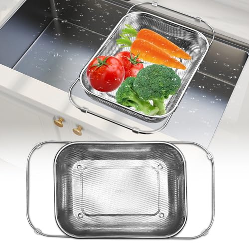 SpisoHdx Over Sink Colander - Expandable Adjustable Colanders & Food Strainers, Fine Mesh Sink Colander Basket, Dishwasher Safe for Veggies, Fruit, Pasta (Fits 14.2-17.4 Sinks)