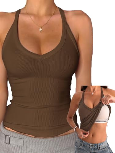Danysu V-hals bomullslinnen med inbyggd hyll-bh ärmlös racerback monterad basic cami-skjortor