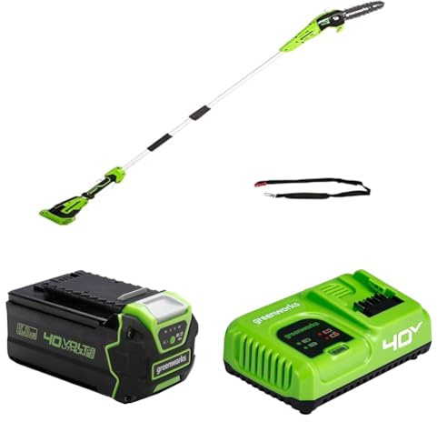 Greenworks 40V Akku Hochentaster mit 20 cm Blattlänge G40PSF, 8 m/s Kettengeschwindigkeit, 2,58 m Stangenreichweite, 3 Jahre Garantie mit Greenworks 40V 5Ah Lithium-Ionen Akku + 5A Schnellladegerät