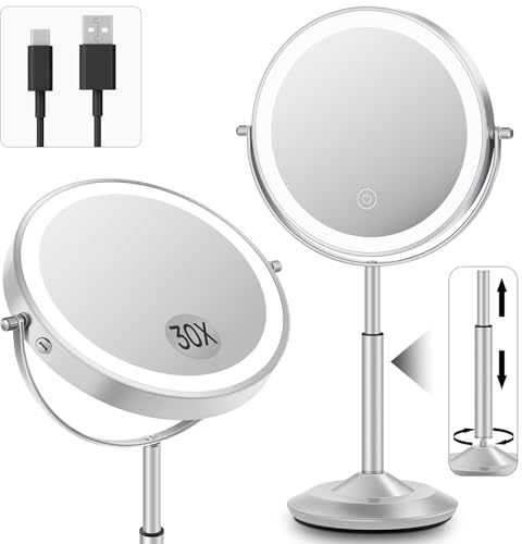vpu Makeup Mirror with Lights, 1X/30X Lighted Magnifying Mirror Height Adjustable, 3000mAh Rechargeable Double Sided Vanity Mirrors with 3 LED Lighting and Adjustable Brightness for Desk Women Gift
