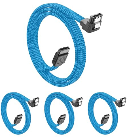 YACSEJAO 4 Pack SATA III Cable 20 Inch 6Gbps SATA 3.0 90 Degree Right Angle with Locking Latch for HDD SSD CD Driver CD Writer (Blue)