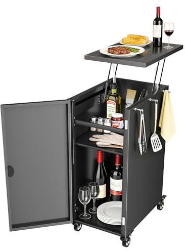 GFTIME Grillwagen mit Stauraum & Haken, Rollbarer Grilltrolley mit 4 Lenkrollen, Outdoor Beistelltisch für Weber Genesis II/LX 300, Enders, Charbroil, Nexgrill, Dynaglo, Modularer Trolley, Schwarz