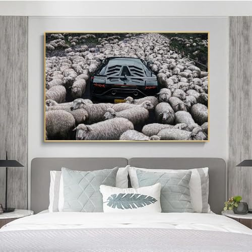 BMGKYAGL Póster de pared de oveja negra en rebaño, paloma negra en rebaño, impresiones artísticas en lienzo, coche en rebaño, imagen decorativa (60 x 80 cm/marco interior)