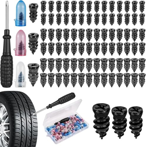 Xheanxu 84PCS Car Tyre Puncture Repair Kit With Black Screwdriver - Silicone Tyre Repair Plugs Tire Puncture Repair, 3 Sizes Tyre Repair Screws Kit, Tyre Puncture Repair Kit For Auto Car Motorcycle