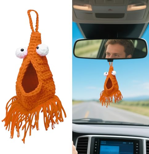 Wuyaoyao Crochet Yip Yip Car Hanging Accessories, Handmade Crochet Alien Car Hanger, Cute Knitted Rear View Mirror Hanging Ornament, Automotive Mirror Charm, Vehicle Interior Decoration (Orange)