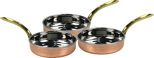 LAVV HOUSEWARES LTD 3pcs Hammered Copper & Stainless Steel Small Frying Pan with Brass Handle (3X 13.5cm (300ml))