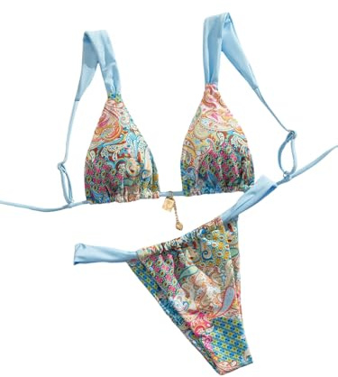 GORGLITTER Neckholder Bikini Damen Set Boho Style String Bikini Mit Paisleymuster Zweiteiler Badeanzug Triangel Bikinis Brazilian Style Swimsuit