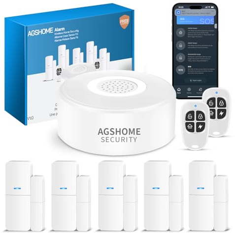 AGSHOME Allarme Casa Senza Fili, Sistema di Allarme Casa Senza Fili, antifurto casa wireless Con 1 Sirena, 5 Sensori Per Porte E Finestre E 2 Telecomandi, Tramite App, Compatibile con Alexa