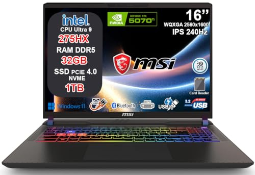 msi Vector 16 HX AI Notebook Gaming Intel Core Ultra 9 275HX, RTX 5070 Ti 12GB GDDR7, 32GB RAM, 1TB SSD, 16 QHD+ IPS 240Hz, Thunderbolt 5, WiFi 7, Tastiera RGB 24 Zone, Windows 11, AI Laptop