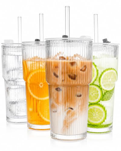Csuntikulo 4 Vasos de Cristal 600ml con Tapa y Pajita,Vasos de Café Helado y Agua, Vaso para Batidos y Zumo,Vaso Transparente con Diseño Antifugas,para Café, Té y Cócteles