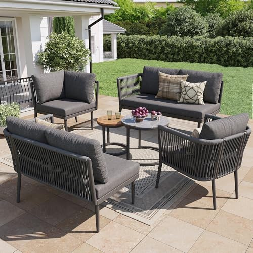 Set di divani da esterno per 5-6 persone, Gruppo di Sedute in corda da 6 pezzi con Panca Impermeabile e Cuscini, Set di mobili da giardino, Set di Divani Angolari Modulari per Patio o Balcone, Grigio
