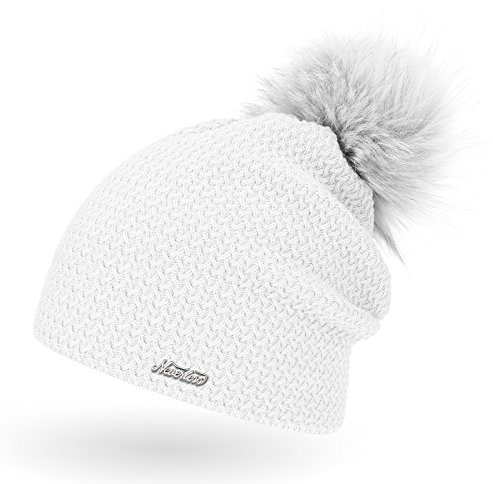 Neverless Damen Strickmütze mit Fell-Bommel, Kunstfell Winter-Mütze, Bommelmütze