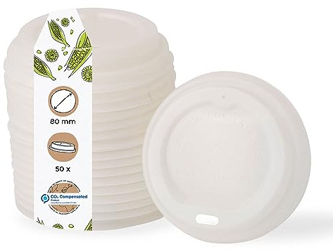 BIOZOYG Coffee To Go Lot de 50 couvercles pour gobelets en carton de 80 mm de diamètre 100 % biodégradables, compostables, recyclables, avec trou pour boire, plats et blancs