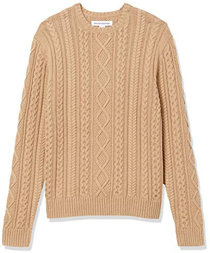 Amazon Essentials Herr långärmad 100% bomull fiskare kabel rund hals tröja, kamel, liten