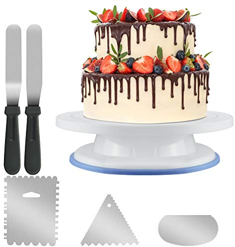 KBNIAN Drehbarer Tortenplatte Set - Cake Plattenspieler, 3 Edelstahl Kuchenschabern, 1 Kuchen Smoother und 2 Zuckergussschabern zum Dekorieren und Dekorieren von Kuchen
