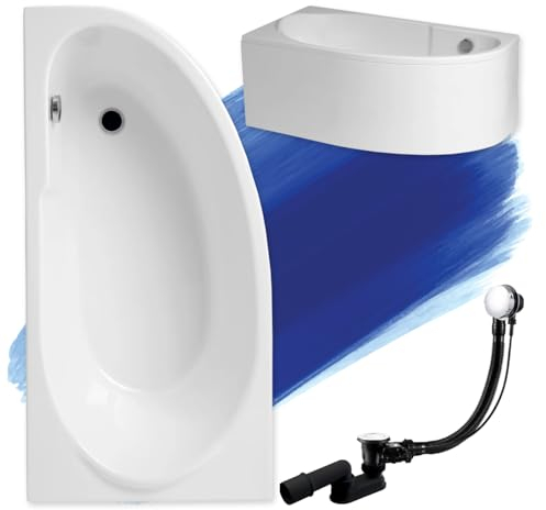 BADLAND Badewanne Original Weiß Acryl Wanne Eckbadewanne MIKI 145x85 Links KOMPLETTSET SET mit Weiß Acrylschürze + Füßen und Exklusive Chrom Automatik Ablaufgarnitur Made in EU 4in1