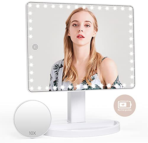 FASCINATE Groß Wiederaufladbar Schminkspiegel mit Beleuchtung, 1fach/10fach Vergrößerungsspiegel, Dimmbarer Tischspiegel mit Licht, 360° Drehbar Kosmetikspiegel mit Beleuchtung(Weiß)