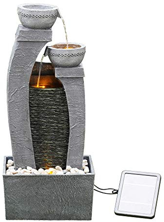 Teamson Home Solar Powered Water Feature, Indoor or Outdoor Garden Water Fountain, Indoor Waterfall with Battery Back Up and LED Lights, 3 Tier, Grey