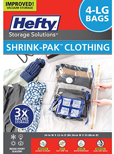 Hefty Shrink-Pak - 4 Large Vacuum Storage Bags for Clothes, Pillows, Towels, or Blankets - Space Saver Vacuum Sealer Bags Ideal Under Bed Storage Solutions